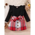 thumbnail image 4 of Seyurigaoka Toddler Baby Girl Fall Winter Knit Ribbed Clothes Solid Color Long Sleeve Ruffle Sweater Tops + Plaid Mini Skirt Set, 4 of 9