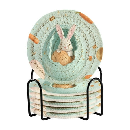 

6-Pack Coiled Coasters Set with Storage Rack Heat-Resistant for Home Office or Gift Bunny in The Easter Egg (3.94in Diameter)