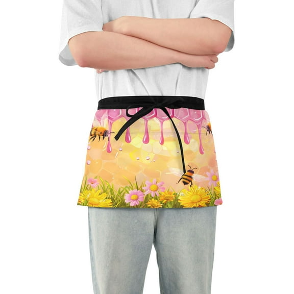 Cartoon Bees and Flowers Server Apron with 3 Pockets Waterproof Waitress Waist Short Apron for Man Woman 12 Inches