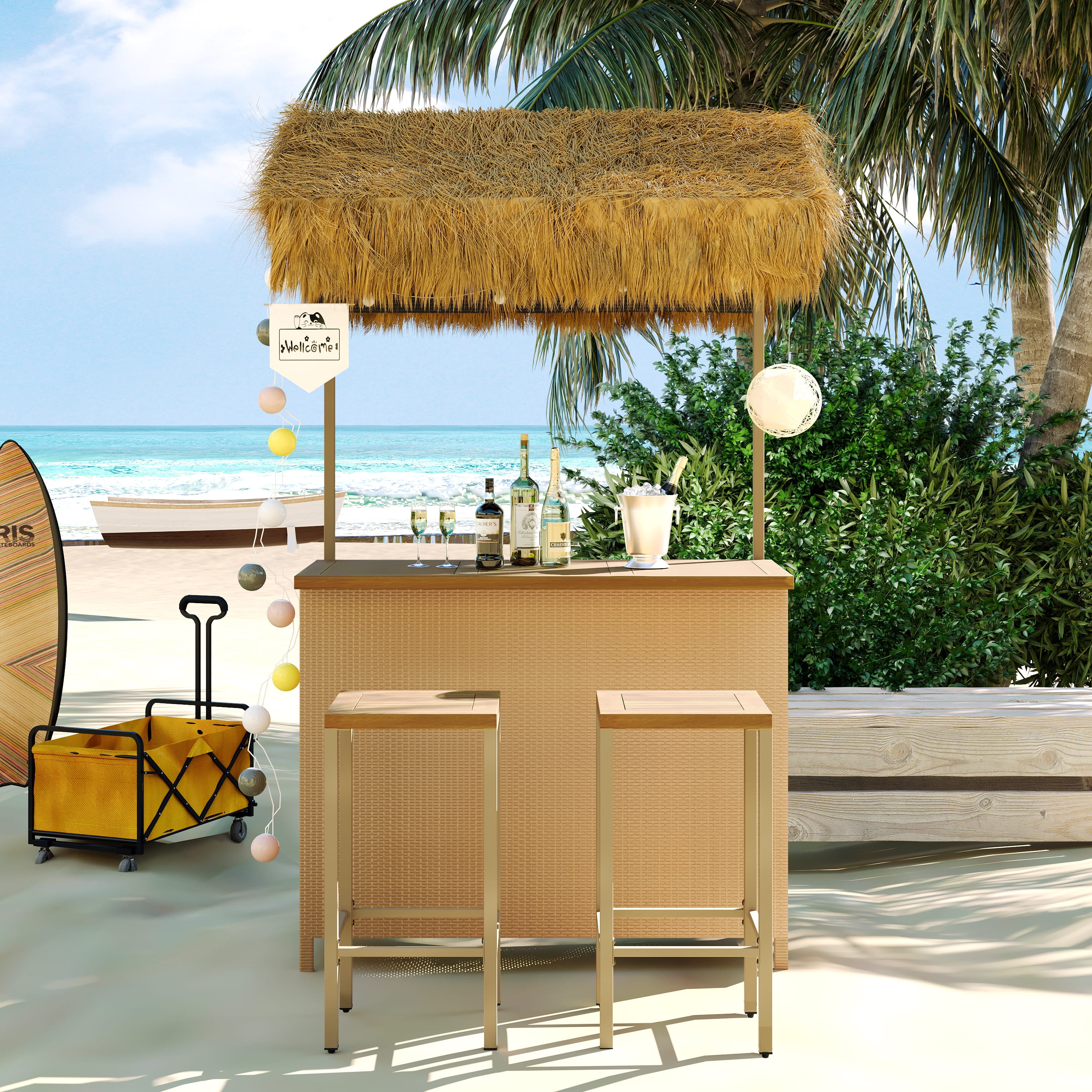 Bar Height Patio Set with PE Grass Canopy, Outdoor Bar Table and Stools with Adjustable Feet, Acacia Wood Top, for Dining and Drinking, Natural