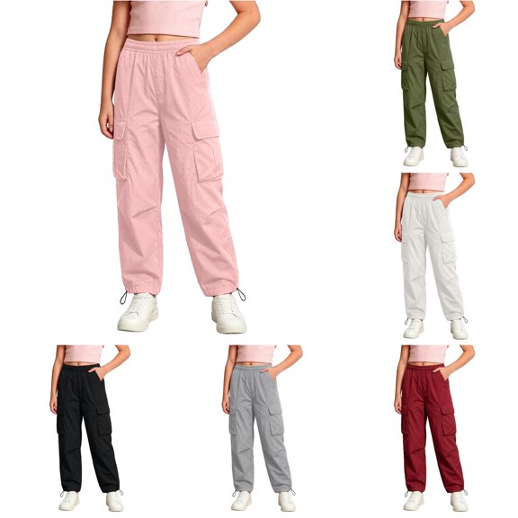 RUTAYY Girls Cargo Pants Elastic Waist Multi Pocket Drawstring Hem Trousers Outdoor Daily Wear Pink