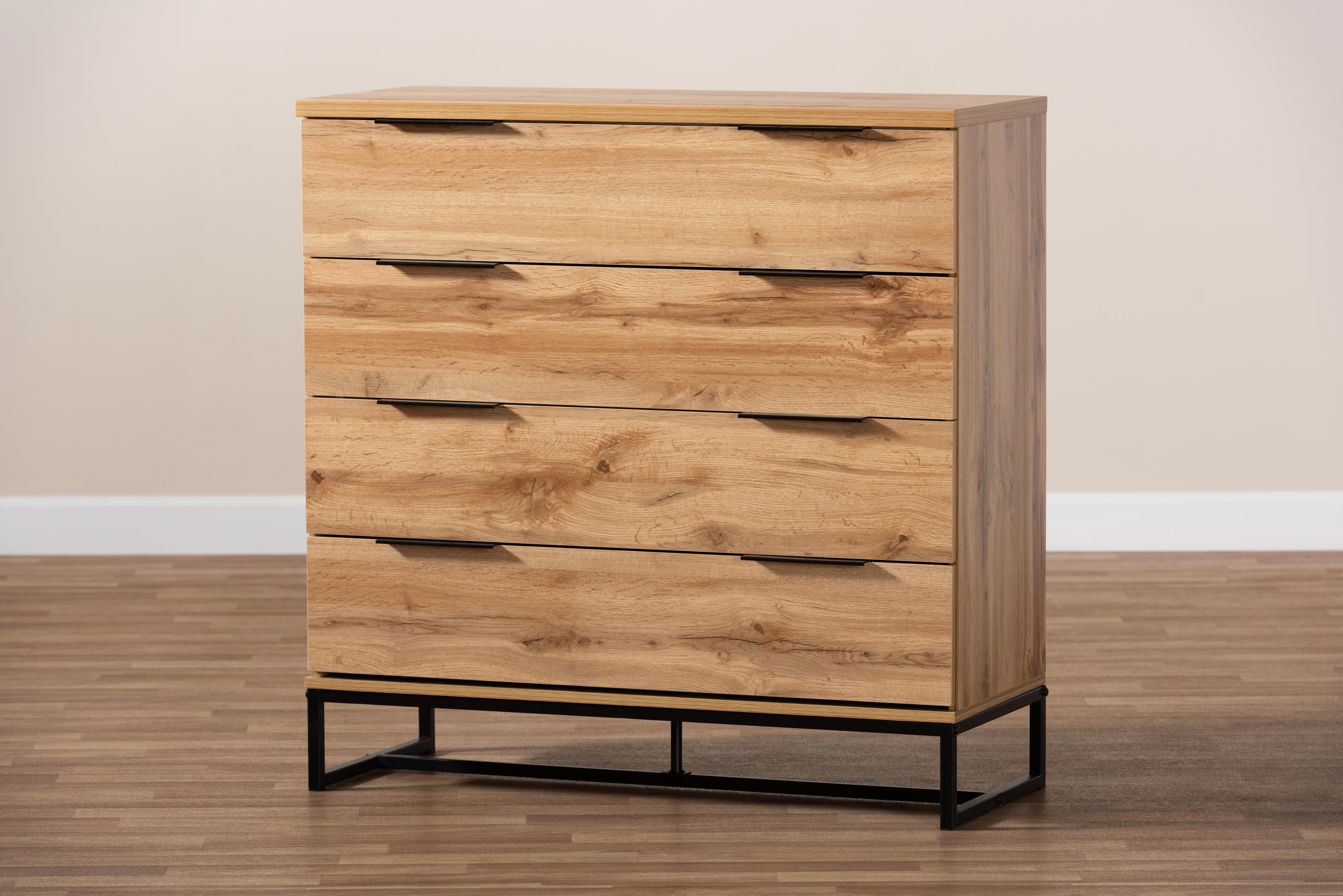 Baxton Studio Reid Modern and Contemporary Industrial Oak Finished Wood and Black Metal 4-Drawer Dresser