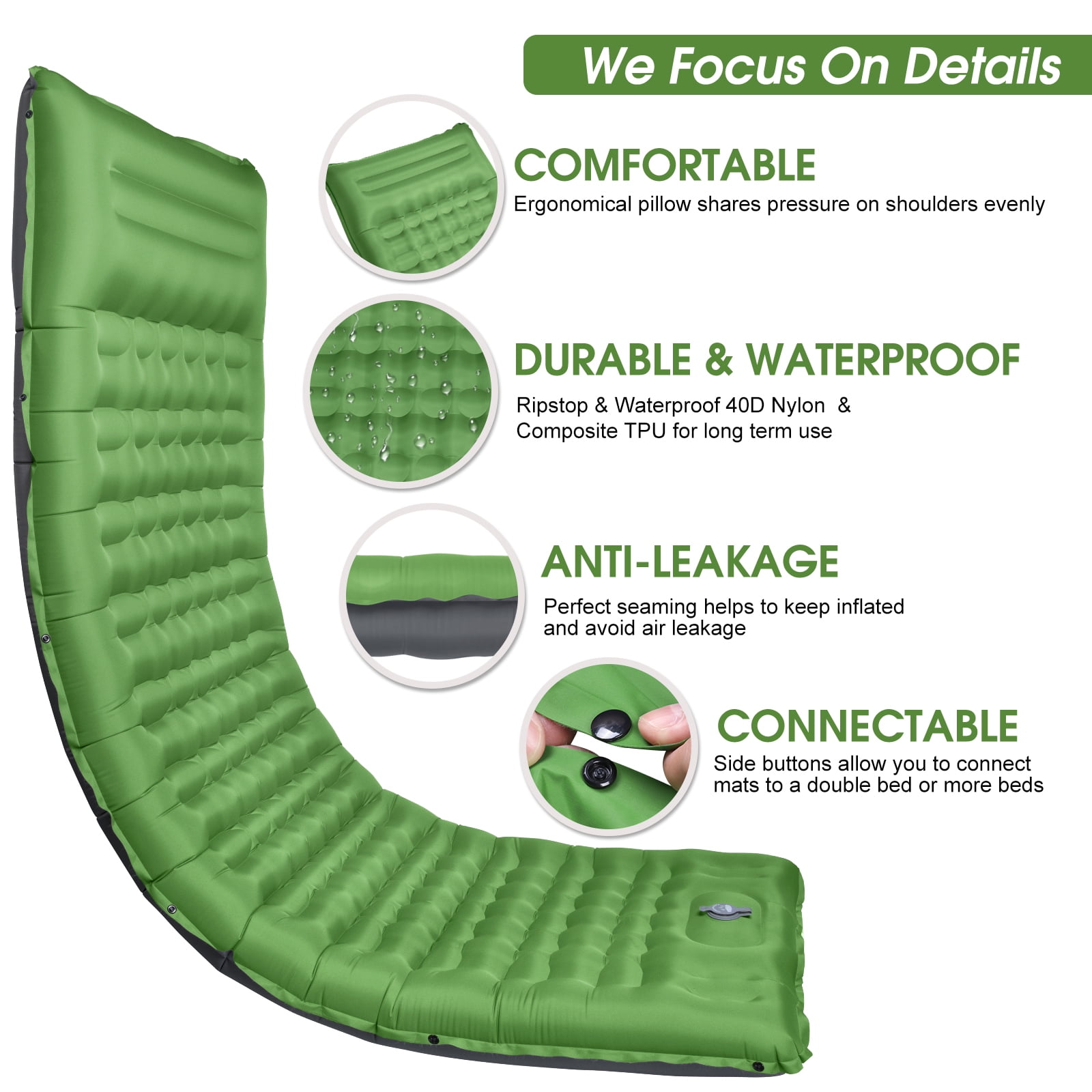 WARMTUYO Sleeping Pad Inflating Built-in Foot Pump, 78.74x26.77x4.72in Thickened Camping Mats with Pillow, Waterproof Camping Mattress for Outdoor Hiking Camping Traveling Cot - Green
