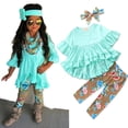 thumbnail image 4 of TSEXIEFOOFU Toddler Baby Girl 3PCS Outfit Set, Medium Sleeve Ruffle Solid Color Round Neck Top, Long Floral Elastic Band Pant, Bow Hair Band, Pants Set, 4 of 5