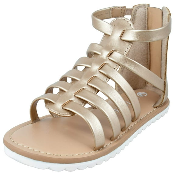 HOMEHOT Toddler Girl Sandals for Summer Gladiator Cross-tied Zipper Flat Sandals with Strappy Ankle Zipper Toddler 10 Gold