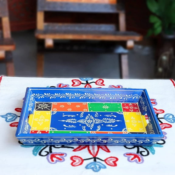 India Meets India Wooden Serving Tray [Blue] Serving Tray for Snacks/Dry Fruits/Candy/Hot & Cold Beverages Serveware Tray, Wooden Tray, 13 x 9 INCHES