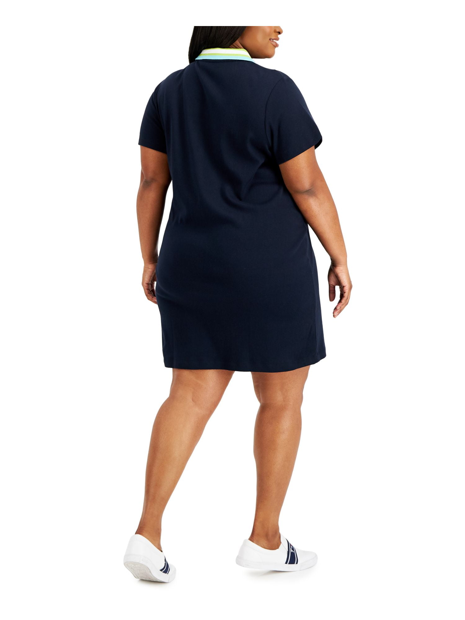 TOMMY HILFIGER Womens Navy Ribbed Embroidered Polo Dress Logo Unlined Color  Block Short Sleeve Collared Above The Knee Dress Plus 1X