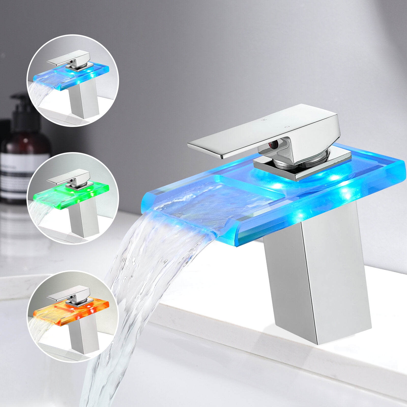 Bathroom Sink Faucet Led Light 3 Colors Changing Waterfall Glass Spout Hot Cold Water Mixer Single Handle One Hole Deck Mounted Bathroom Faucet Black Lavatory Vanity Basin Bath Plumbing