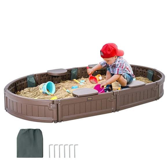 VEVOR Sandbox with Cover, 72 x 41.5 x 9.1 in Oval Sand Box, HDPE Sand Pit with 4 Corner Seating and Bottom Liner, Kids Sandbox