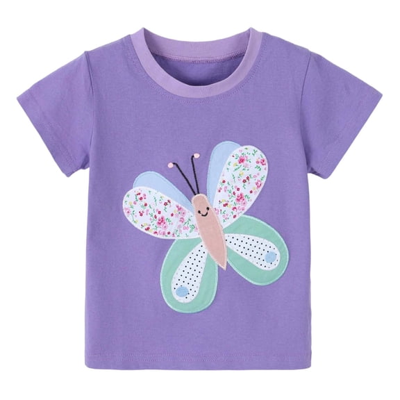CONZONE Summer Tops For Girls Short Sleeve Butterfly Graphic Tshirts For Girls Crew Neck Cute Children Tees Size 4-5 Years Purple