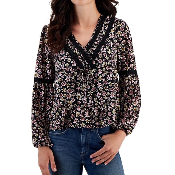 PLANET HEART Womens Crochet Trimmed Surplice Tiered Baby Doll Blouse, Multicoloured, Juniors, Large