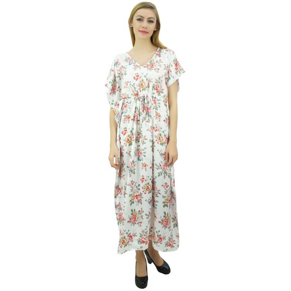 Bimba Women's Long Satin Maxi Drawstring Floral Kaftan Kimono White Gown - 14