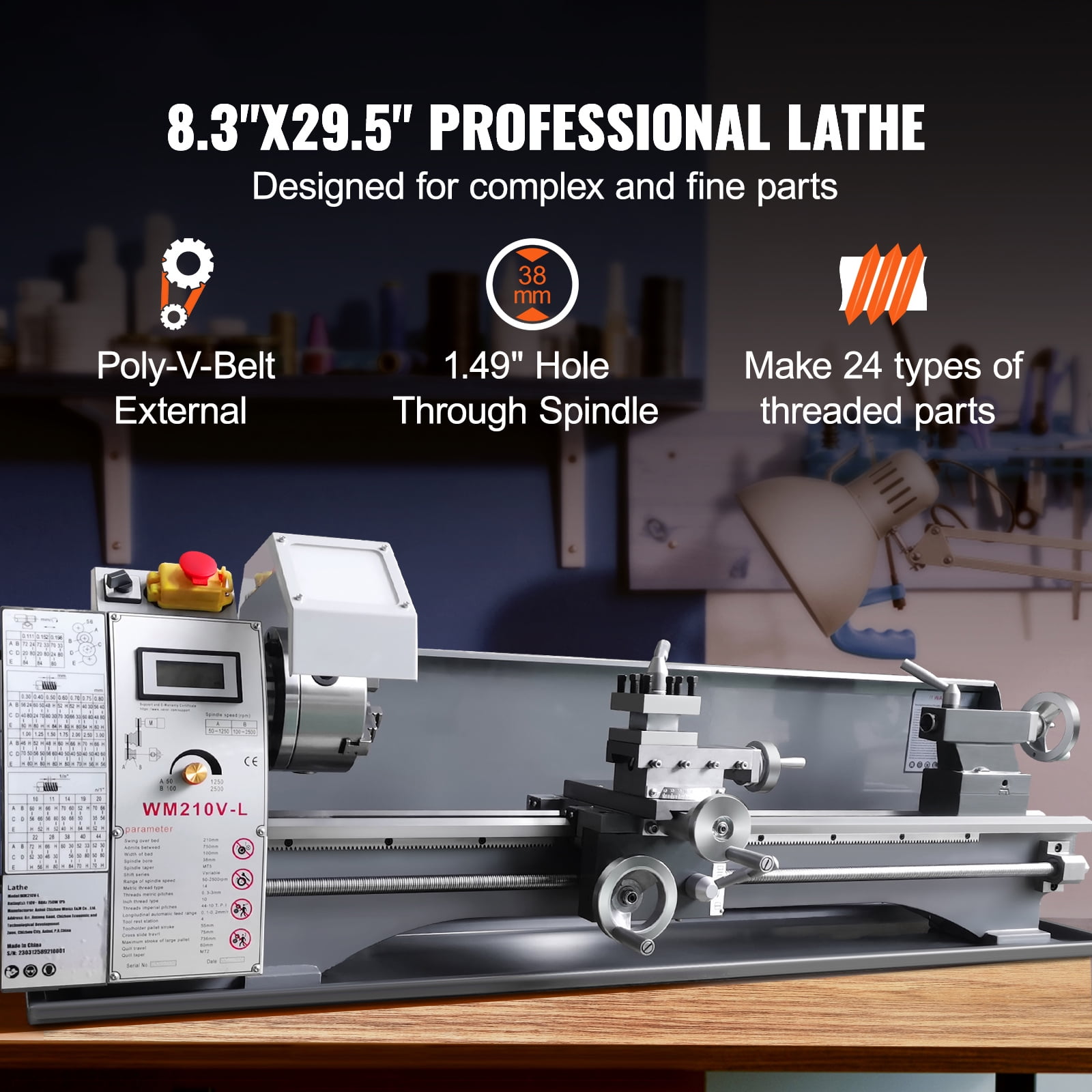 SKYSHALO Benchtop Metal Lathe, 8.3'' x 29.5'', designed for precise metalworking. Features a 0-2500 RPM variable speed, 750W brushless motor, and durable metal gears. Includes a tool box.