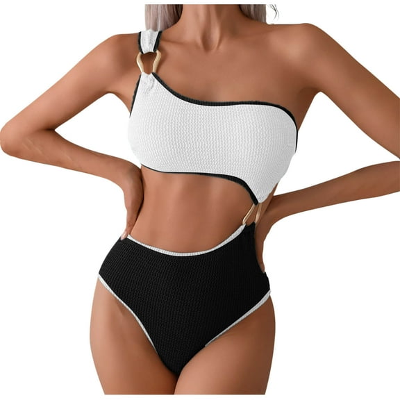 Efsteb Women's Ribbed Bikini Sets One Shoulder Top Two Piece Swimsuits Textured Adjustable Strap Cheeky Bathing Suit (Black,L)