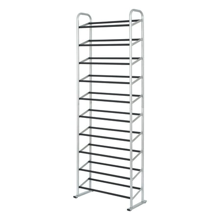 Mainstays 10-Tier Silver & Black Narrow Shoe Rack for Shoe Storage, Holds up to 30 Pairs