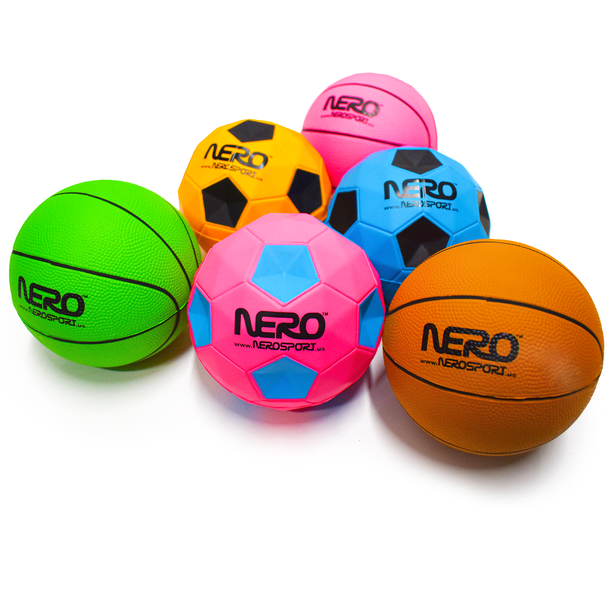 Nero Sport High Bouncing Children's Soccer and Basketball Set, Rubber Multicolor, 4.7'', 6-Pack