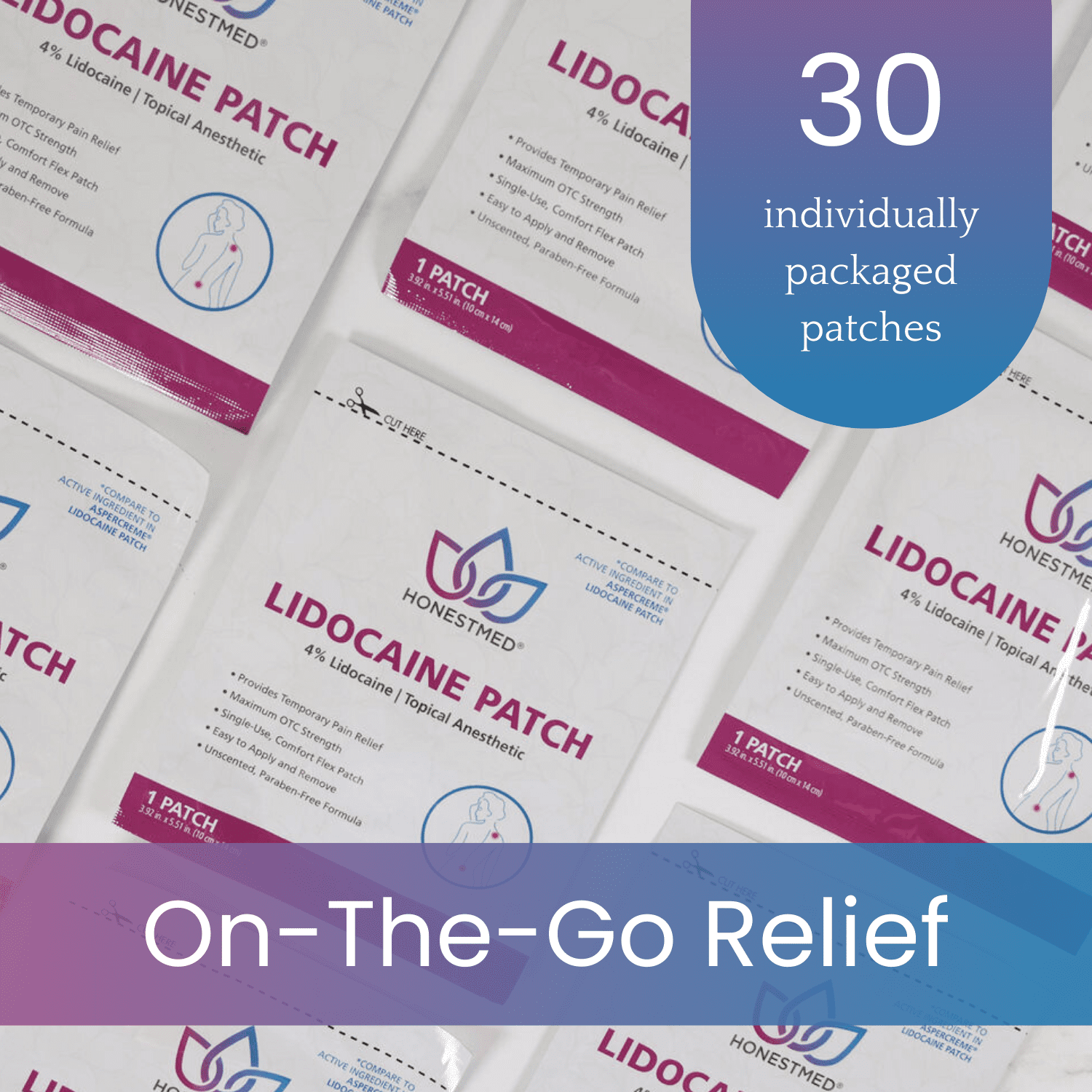 HonestMed Maximum Strength OTC Pain Relief Patch, 4% Lidocaine, Unscented, 3.9” x 5.5”, 30 Count Box