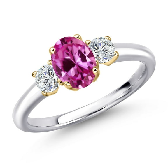 Gem Stone King 925 Silver and 10K Yellow Gold Pink Created Sapphire and Lab Grown Diamond Engagement Ring for Women | 1.24 Cttw | Oval 7X5MM | Gemstone September Birthstone | Size 7