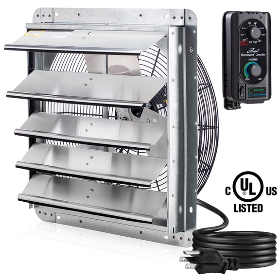 iLIVING 18" Wall Mounted Shutter Exhaust Fan, Automatic Shutter, with Thermostat and Variable Speed controller, 0.85A, 1736 CFM, 2600 SQF Coverage Area Silver (ILG8SF18V-ST)