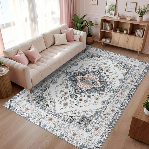 Wondo 9x11 Beige Area Rug - Machine Washable Non-Slip Rubber Backing, Low Pile Vintage Carpet for Living Room Bedroom Kitchen Dining Office