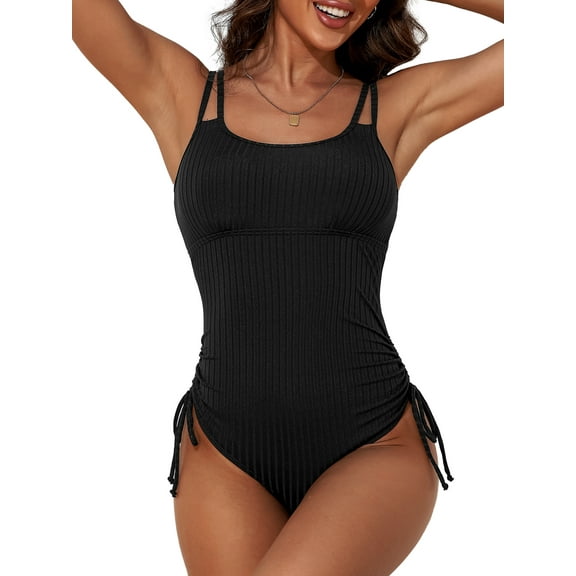 Womens Tummy Control One Piece Monokini Swimwear Side Tie Bath Suit Sexy Ribbed Swimsuit