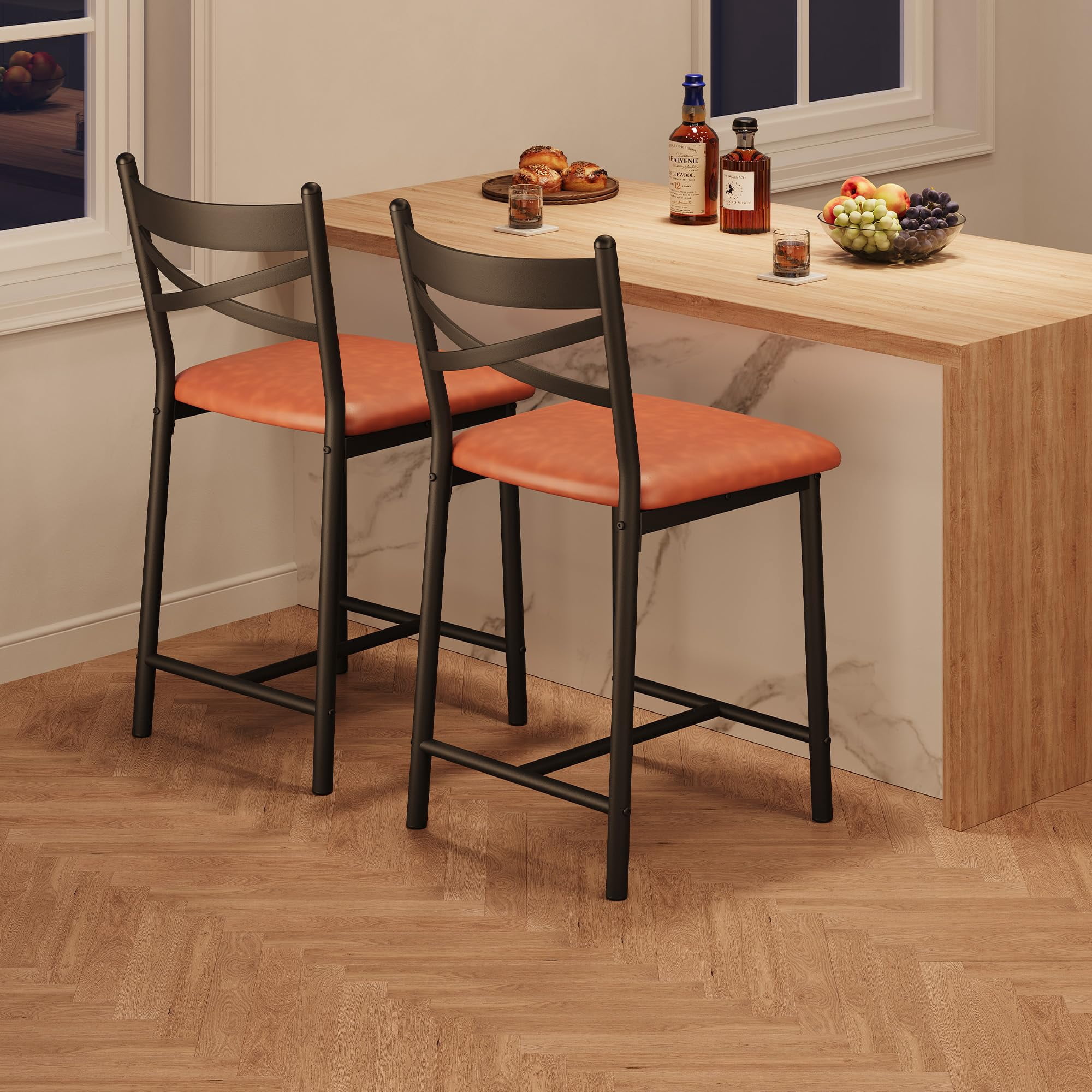 WildBreak 22 inch High Back Bar Stools Set of 2,Upholstered Bar Chairs with Back for Kitchen, Brown