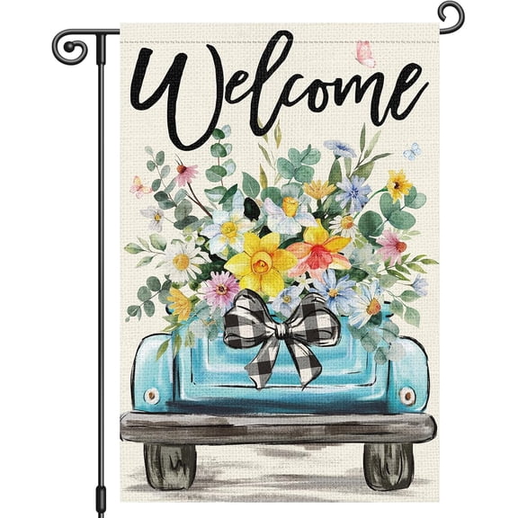 Welcome Spring Truck Garden Flag 12 x 18 Inch Double Sided, Floral Blue Pickup Yard Flag with Plaid Bow for Outdoor Porch Lawn Patio Garden Seasonal Decor