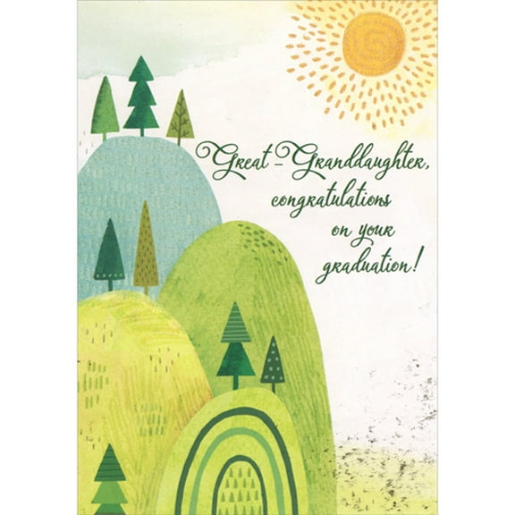 Designer Greetings Orange Glitter Sun Over Rounded Blue and Green Hills Graduation Congratulations Card for Great-Granddaughter