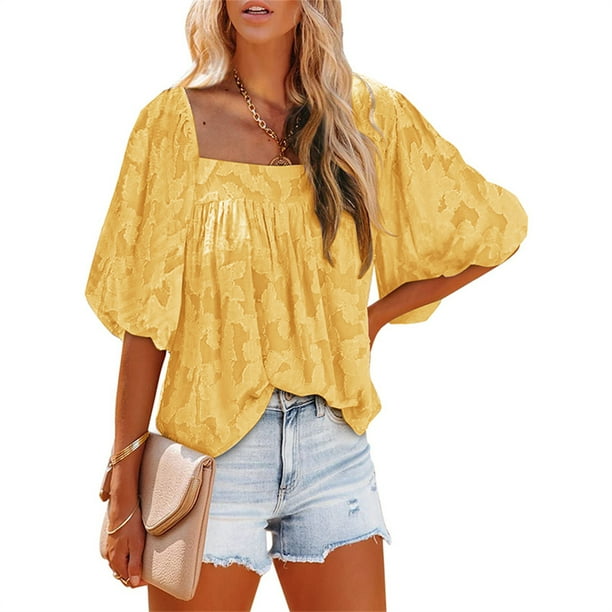 Minnieouse Blusa de mujer de manga corta, holgada, pulóver, camisa, ropa de verano Prendas para la parte del cuerpo Amarillo S