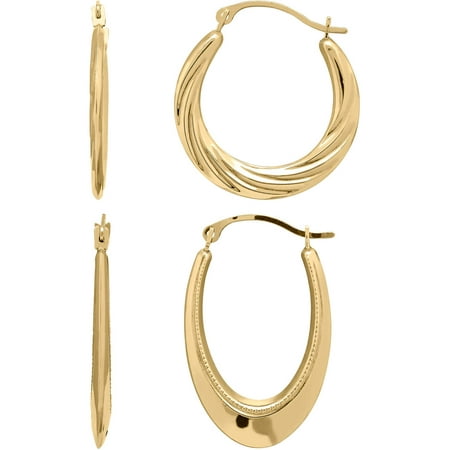 Simply Gold 10kt Yellow Gold Plain Oval Hoop and Round Swirl Hoop Earrings Set
