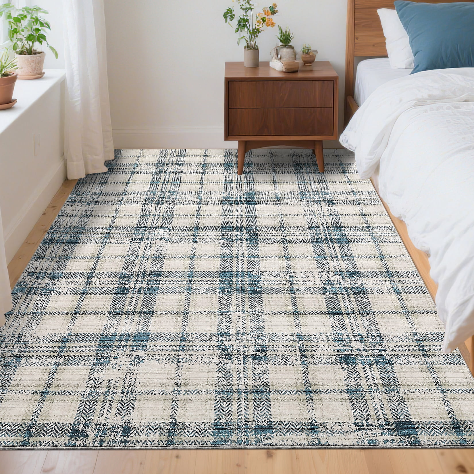 Garvee Washable Rug 5x7 Modern Plaid Area Rug, Non Slip Stain Resistant Rug Geometric Carpet for Living Room Bedroom Home Office, Blue