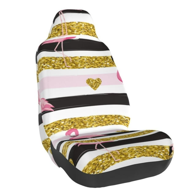 Wukai Gold Glittering Hearts and Flamingos Full Set Car Seat Covers with Soft Padding Universal Auto Front Seats Protector and Cushion Mat
