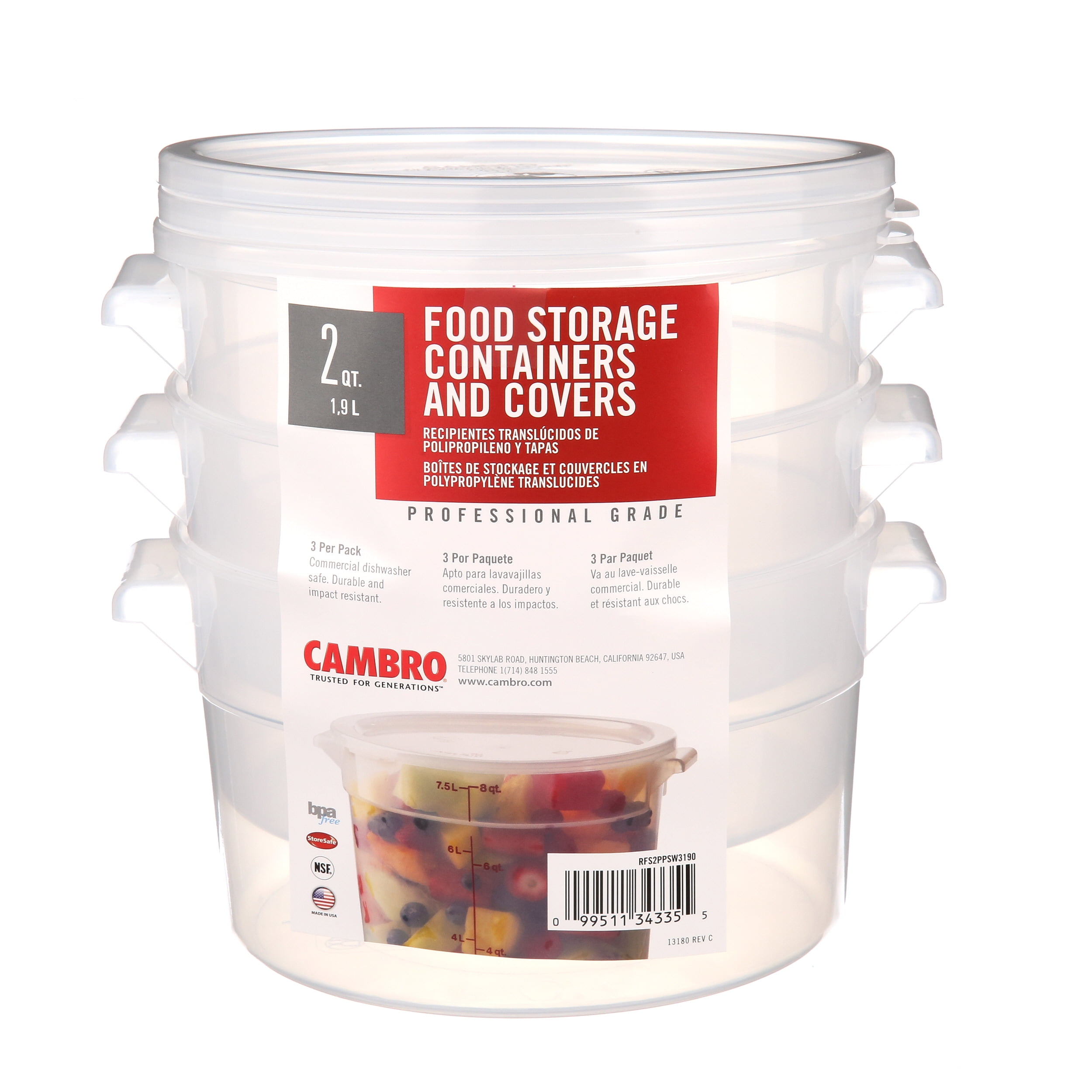 Cambro Food Storage Containers and Covers, 2 Quart, 3 Pack