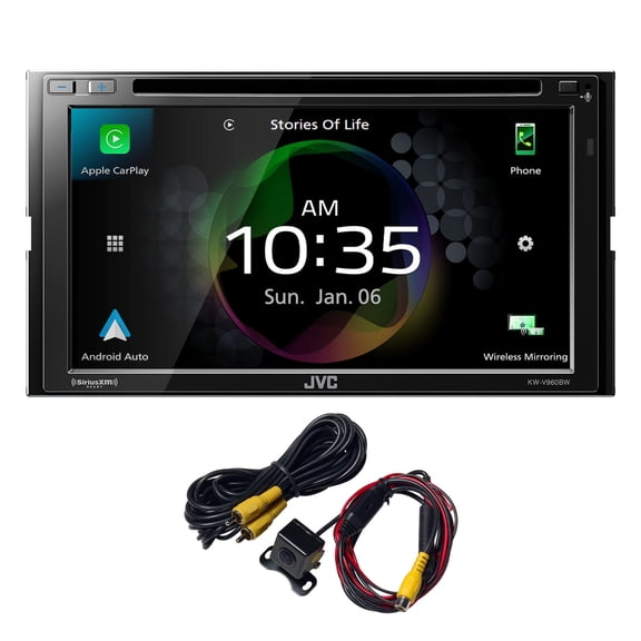 JVC KW-V960BW Works with Wireless CarPlay, Wireless Android Auto, CD/DVD AV Receiver, High-Res Audio, 4-Camera Input with Audiovox ACA801 Back Up Camera