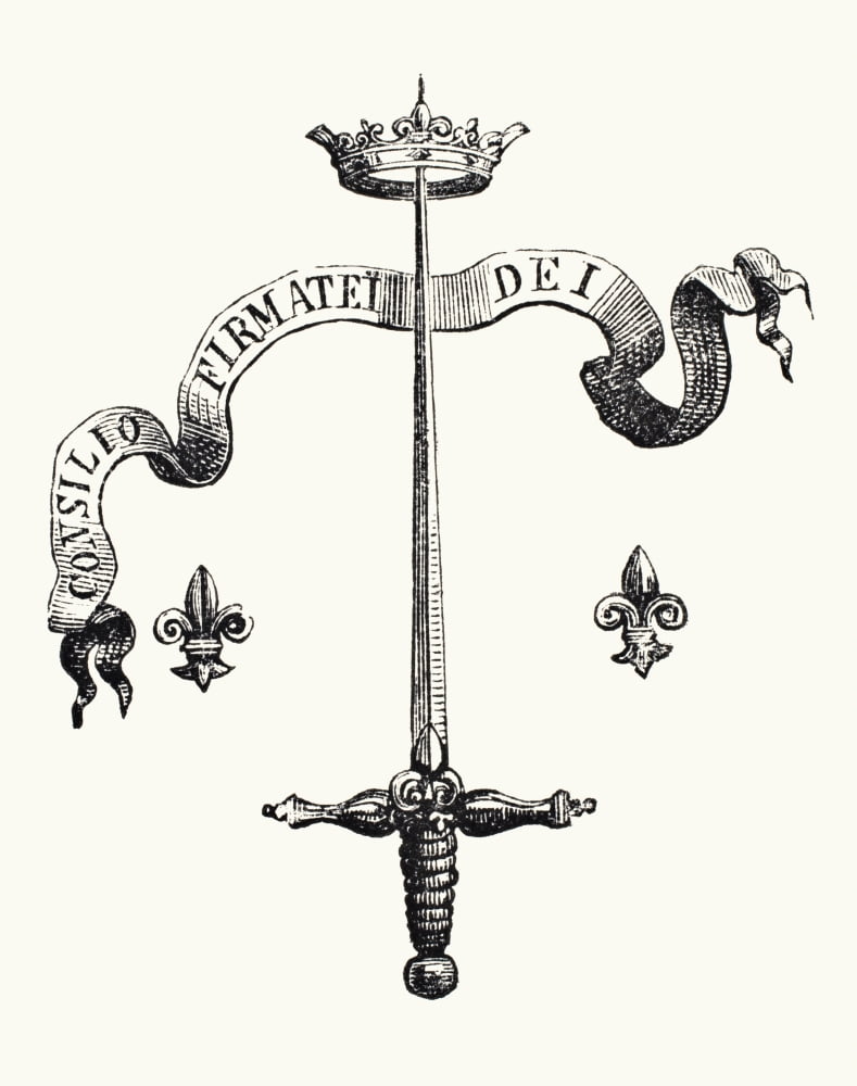 Coat Of Arms Of The Family Of Joan Of Arc Alias Du Lye The Blade Of A Silver Sword The Point Supporting A Golden Crown And Flanked With Two Fleurs-De-Lis With The Motto Consilio Firmatei Dei This Coat