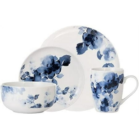 Midnight Rose 16 Piece Dinnerware Set, Service for 4, Fiesta Dinnerware, home trends and home food network essentials, White/Blue, 16" L x 12" W x 15" H (HK03715EC)