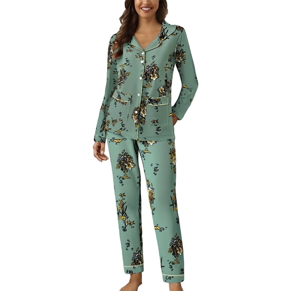 Pajama Set Women Casual Lapel Button Print Two Piece Long Sleeve Pajamas Suit Summer Pajamas for Women