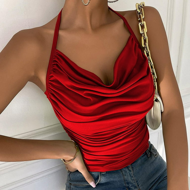 Ernkv Clearance Women's Slim Camisole Solid Retro Cami Tops Sleeveless Pile  Collar Vest Halter Elegant Satin Fit Beach Blouses Fashion Summer Red M