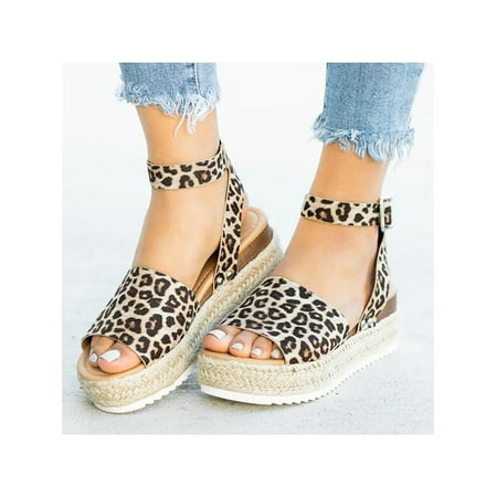 

Wazshop Ladies Casual Shoes Peep Toe Summer Sandal Ankle Strap Platform Sandals Fashion Buckle Heeled Shoe Womens Comfort Leopard 7