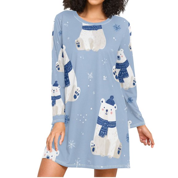 Christmas Cute Polar Bears with Blue Scarves Women's Long Sleeves Nightgowns Sleepwear Soft Pajama A-line Sleep Dress S