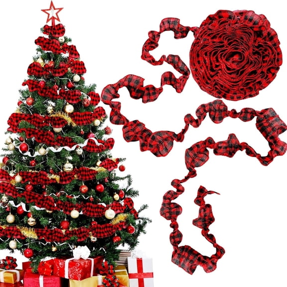 Christmas Tree Ribbon Garland 9FT Christmas Buffalo Plaid Ribbon Ruffle Homespun Fabric Garland, Rustic Farmhouse Country Christmas Tree Decorations for Home Door Mantle Fireplace Staircase (2 Rolls)