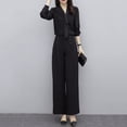 thumbnail image 3 of 2 Pcs/Set OL Commuting Outfit Shirt Pants Set Pure Color V Neck Long Sleeve Blouse High Waist Wide Leg Trousers Business Office Clothes, 3 of 8
