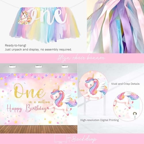 Unicorn 1st Birthday Decorations for Girls, 1st Birthday Decorations Girl, Unicorn One in a Million Backdrop Balloon Banner Box Crown Poster for Pastel One Year Old Party Supplies