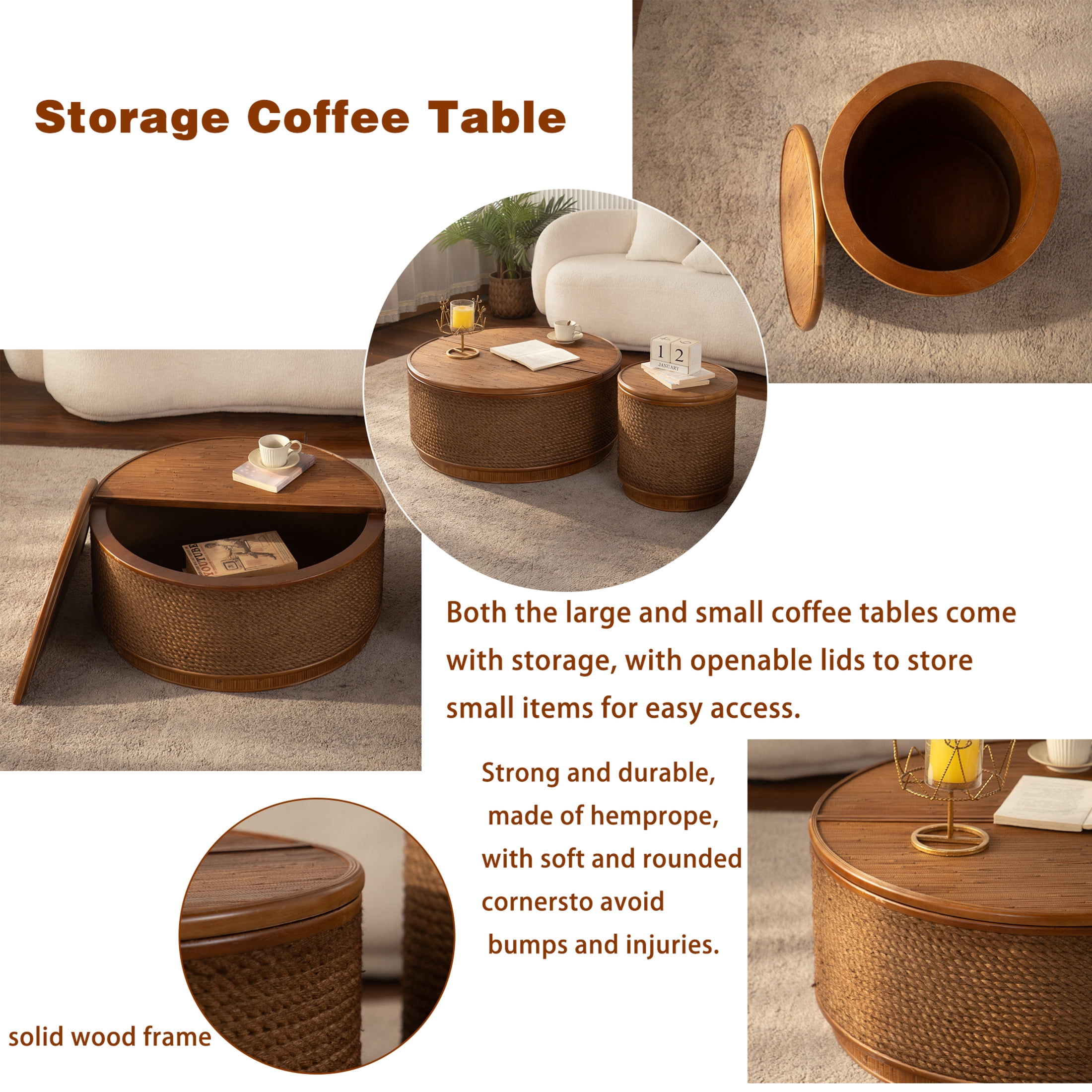 Noble House 16" Round Rattan Storage Coffee Table with Lift-Off Lid and Hand-Woven Rope Trim, Boho-Chic, Natural Wood