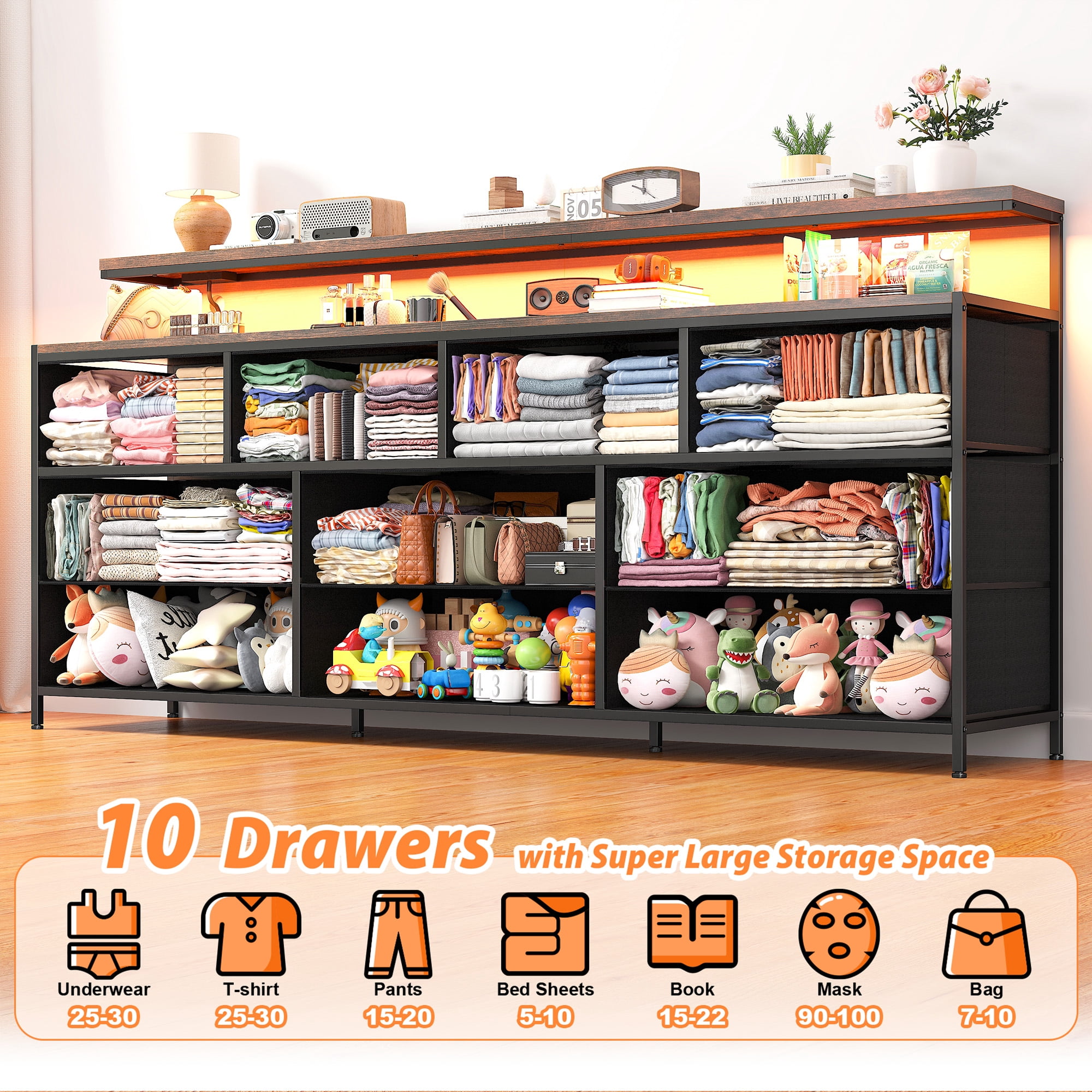 EnHomee 55"Long Dresser for Bedroom 10 Drawers Wide Dresser with LED Nights and Charging Station Fabric Dressers & Chests of Drawers,Rustic Brown