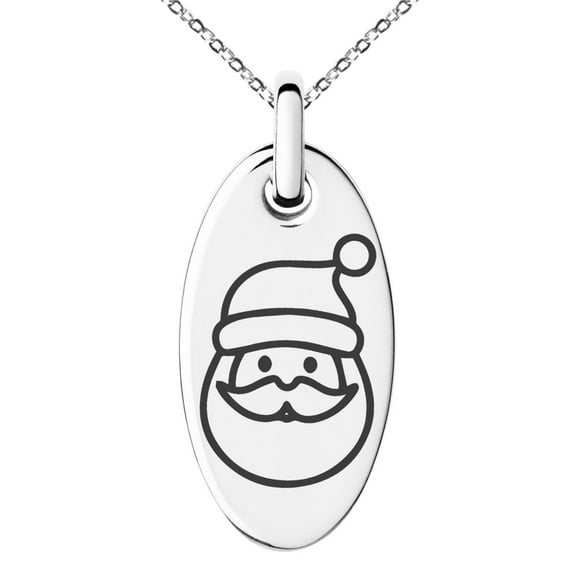 Stainless Steel Adorable Santa Claus Engraved Small Oval Charm Pendant Necklace