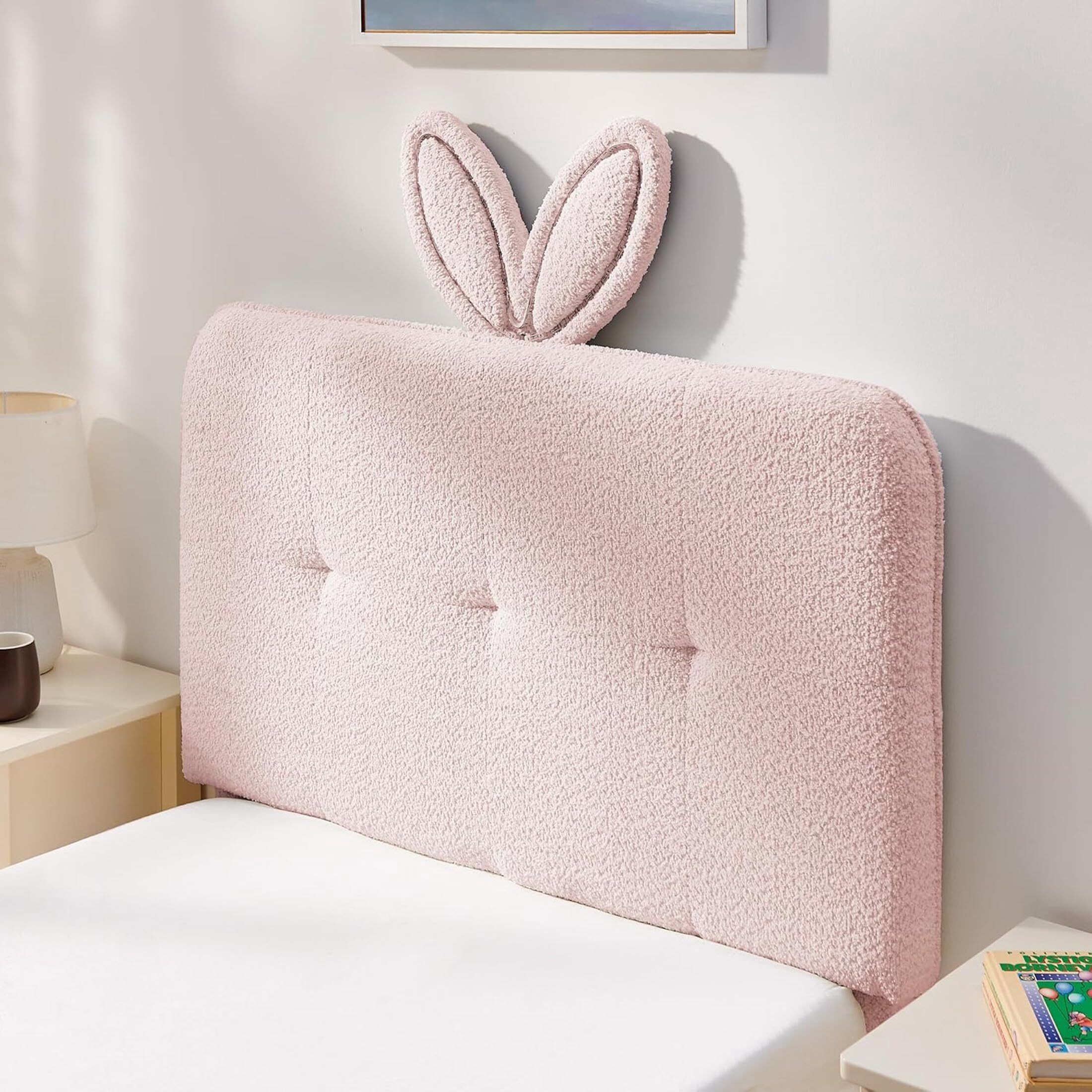 Aisword Twin Upholstered Bed Frame with 4 Storage Drawers & Rabbit Ear LED Headboard, No Box Spring Needed, Wooden Slats Support, Pink