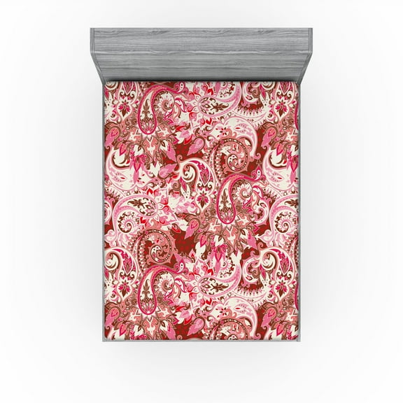 Ambesonne Paisley Fitted Sheet, Modern Botany Flowers Print, California King, Dark Coral Pastel Pink
