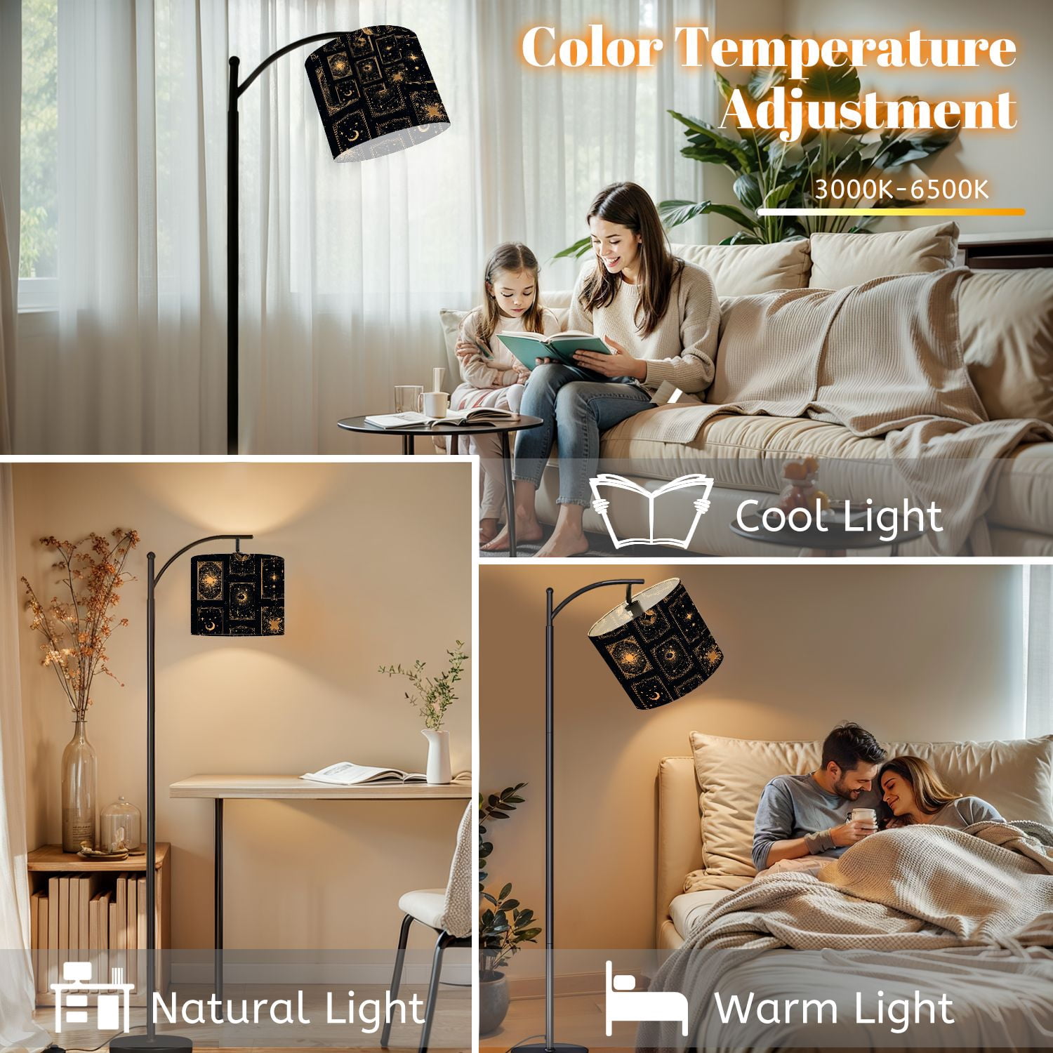 Arc Floor Lamp with Adjustable Lampshade Celestial Sun Moon Stars Gold Black Mystical Standing Lamp 3 Color Temperatures Dimmable Tall Pole Lamp with Foot Switch for Bedroom Reading Room