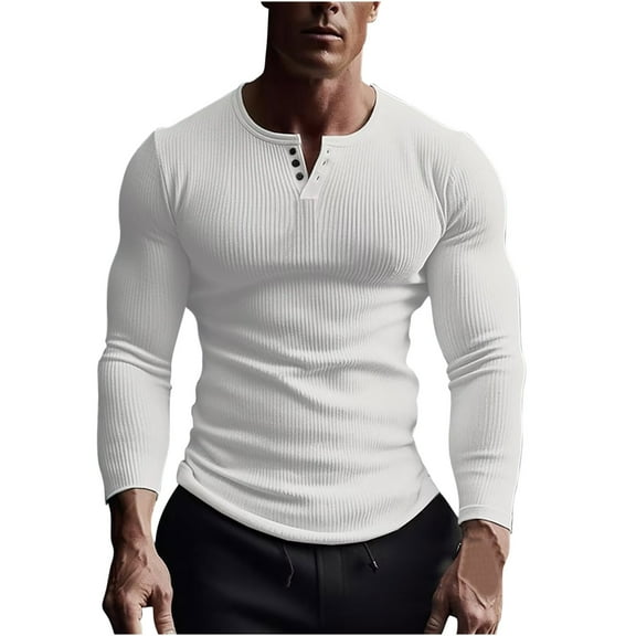 Jalioing Men's Long Sleeve Athletic Shirt Ribbed Stretchy V Neck Workout T Shirt Casual Solid Muscle Tee